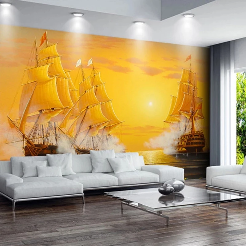 Custom 3d Golden Oil Painting Sailing Boat Photo Wallpaper Mural Living room TV background bedroom restaurant Sun Twilight sea