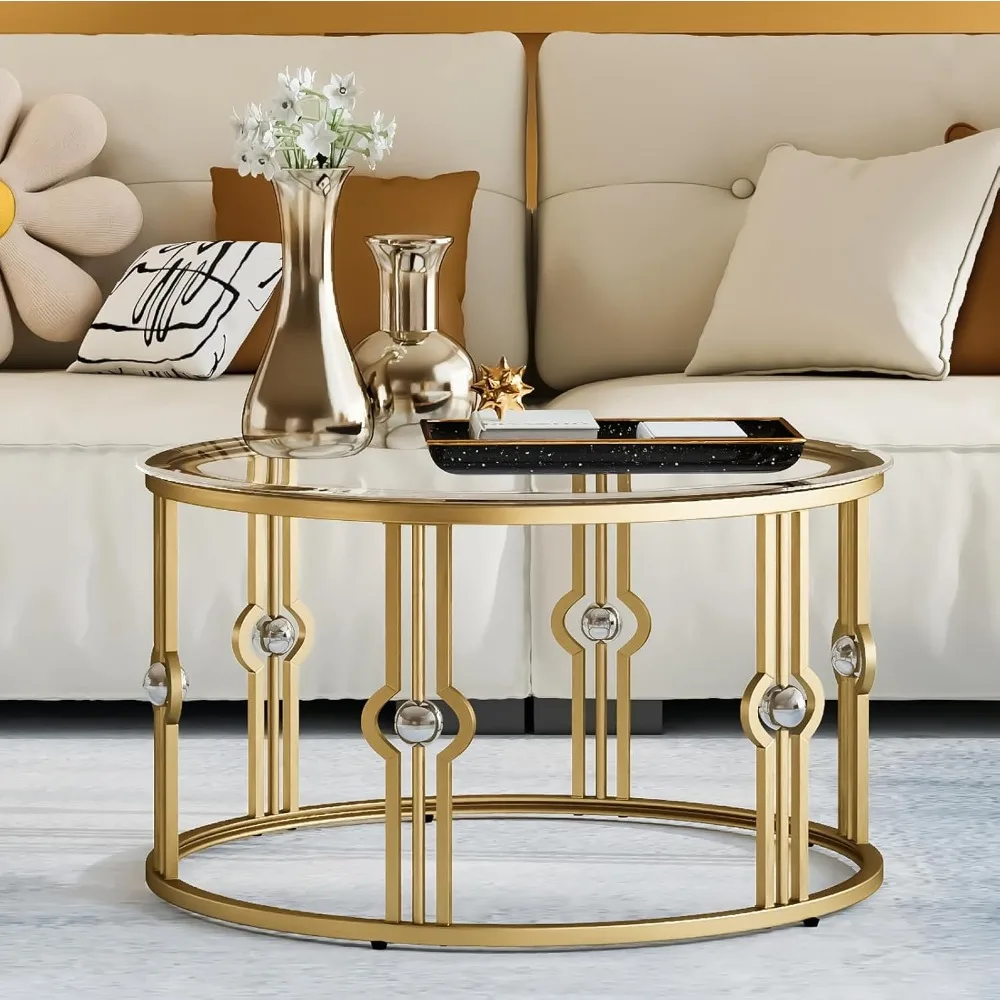 Round Tempered Glass Coffee Table - Gold Accents for Living Room and Office Use