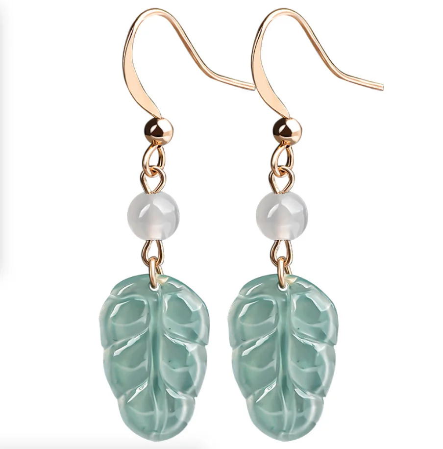 

Natural Emerald Blue Water Jadeite Leaf Earrings S925 Silver Plated 14K Gold Ice Jade Fashion Women's Jewelry Drop Shipping
