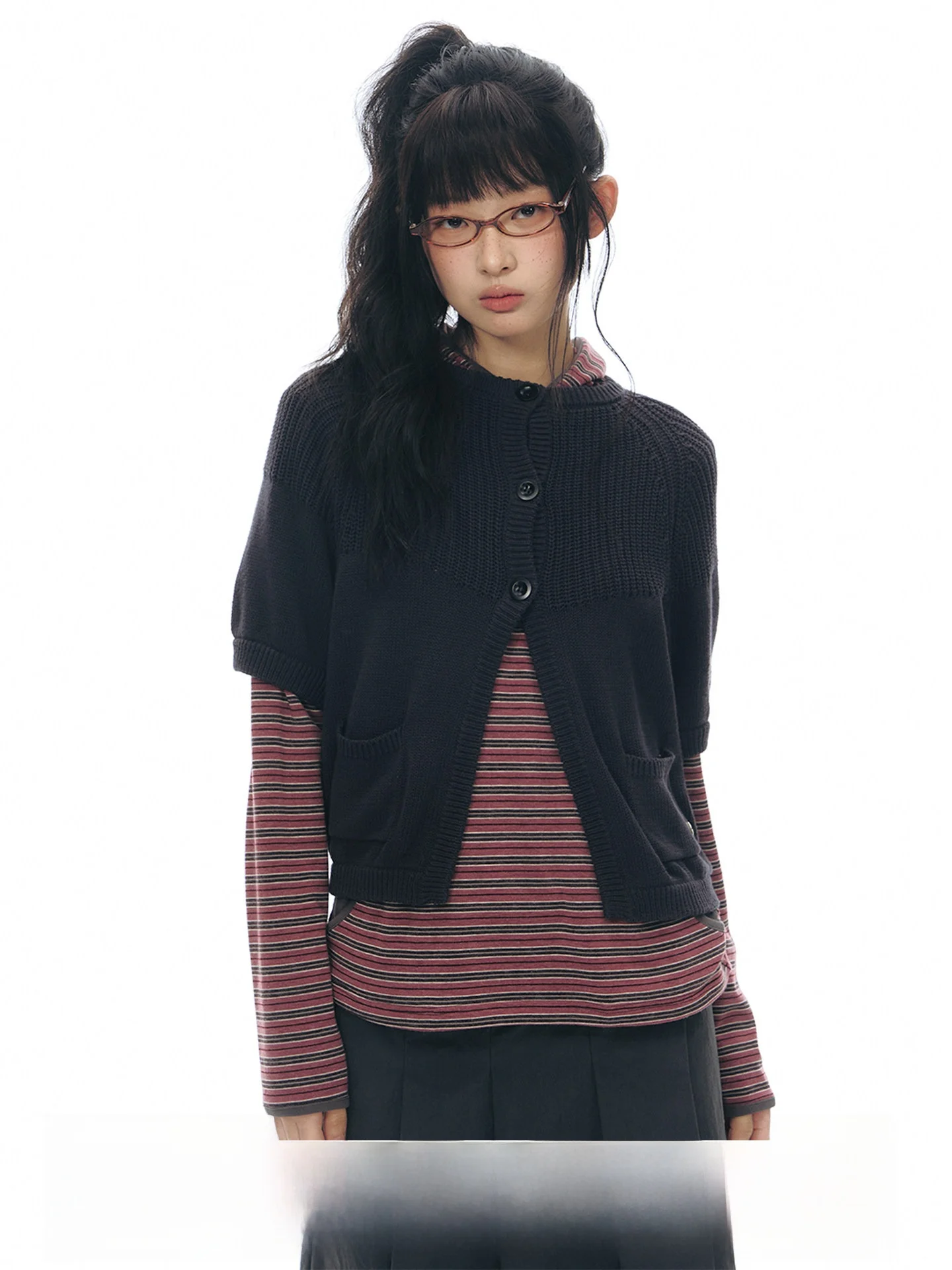 

NAPSNAPS Vintage Knitted Open Cardigan Women's Spring New Loose Fit round Ne Splicing Sweater Jaet Soft Cotton Five Sve