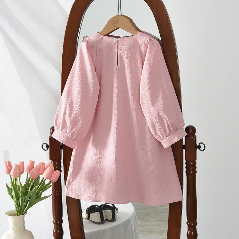 Spring Autumn Girls Sweet Bow Decoration Long Sleeve Solid Color Loose Casual Dress 1 Pc 3-7 Years Children Daily Home Clothes