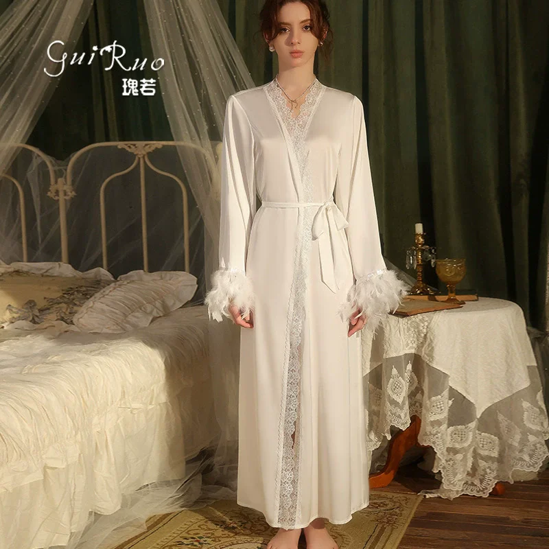 

Women Robe Satin Vestidos De Novia Short Kimono Summer New Party Sleepwear Lady Sexy Feather Trim Home Clothing Bathrobe Gown