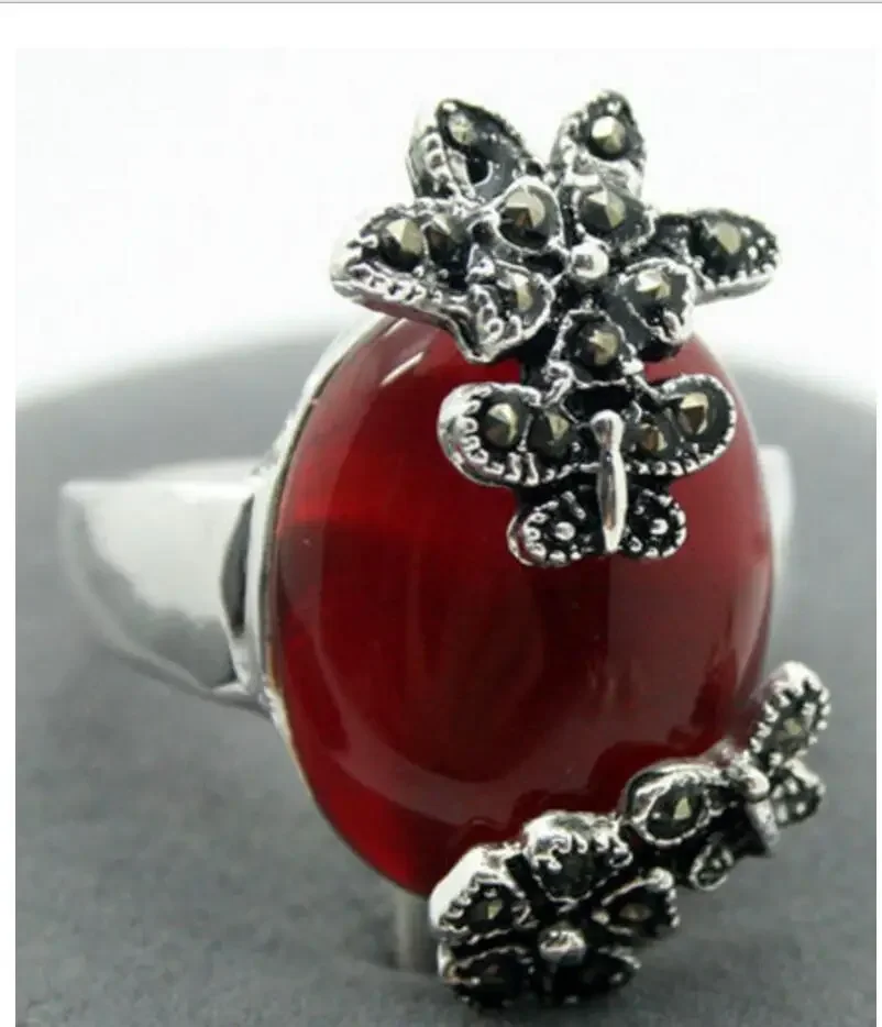 

28*15mm RARE NATURAL RED Natural JADE ONYX 925 SILVER MARCASITE RING SIZE 7/8/9/10