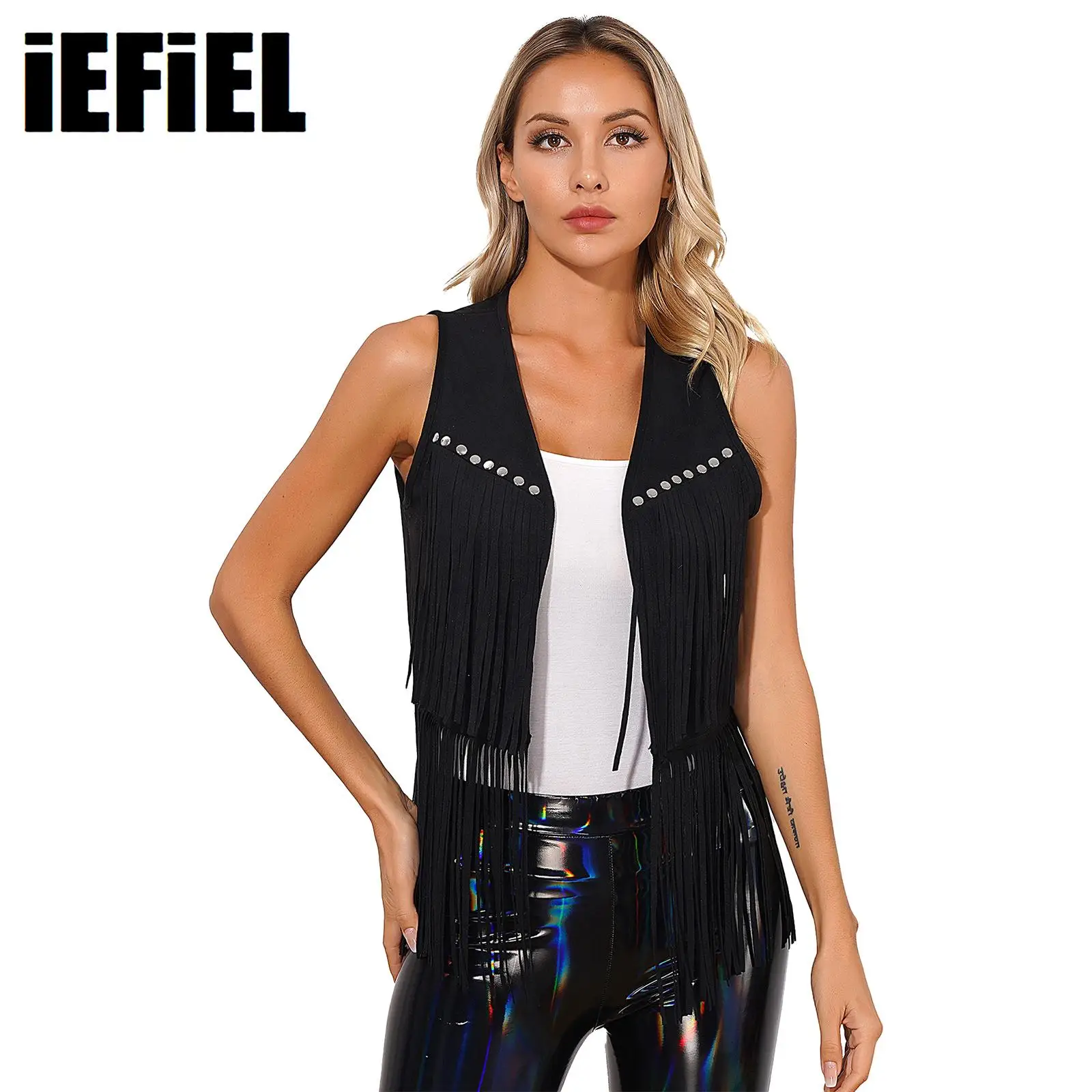 

Womens Tassel Vest Faux Suede Fashion Rivets Fringe Waistcoat Open Front Sleeveless Jacket