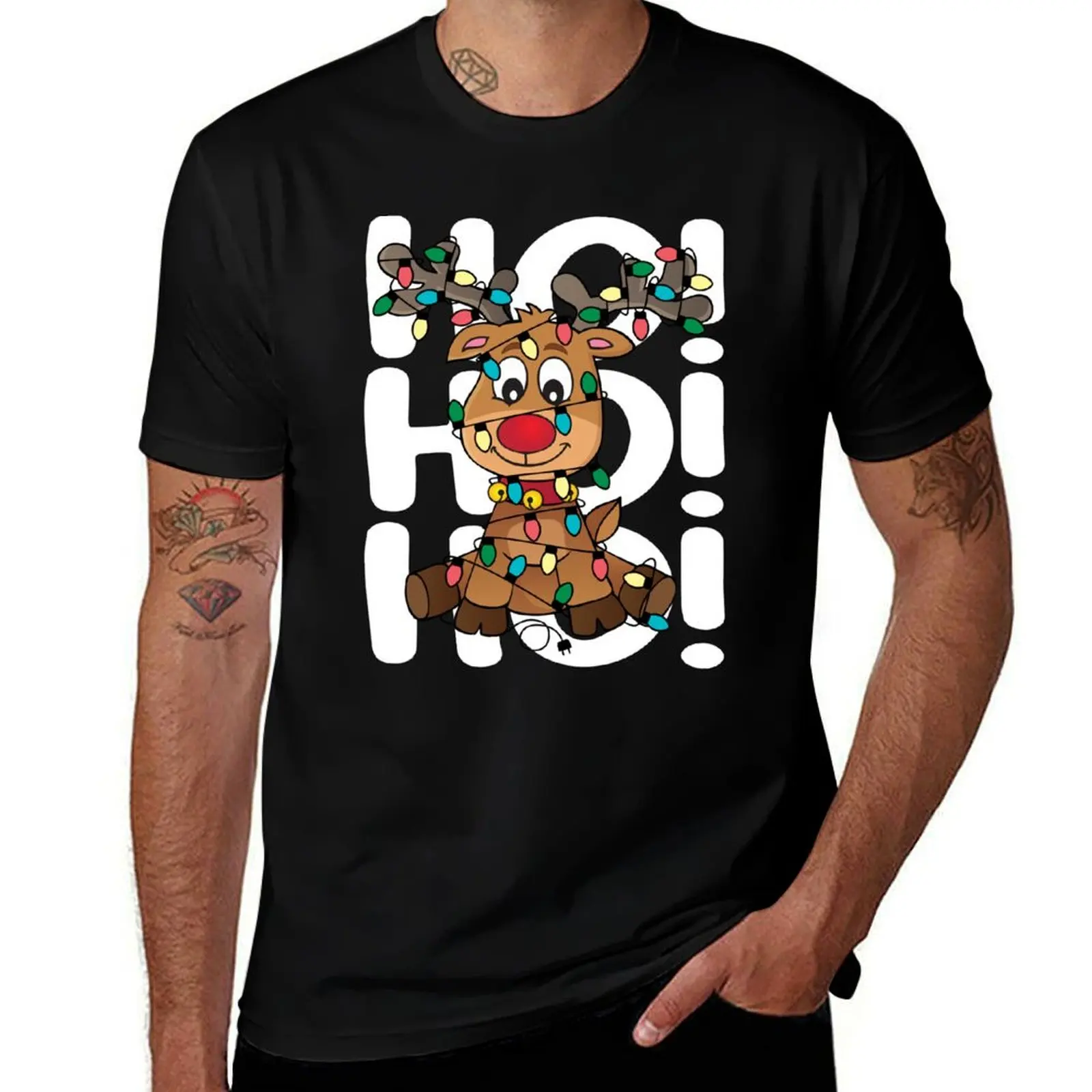 Adorable Reindeer Wrapped in Christmas Lights Ho Ho Ho T-Shirt UV Sun Protection Tee Shirt T-Shirt