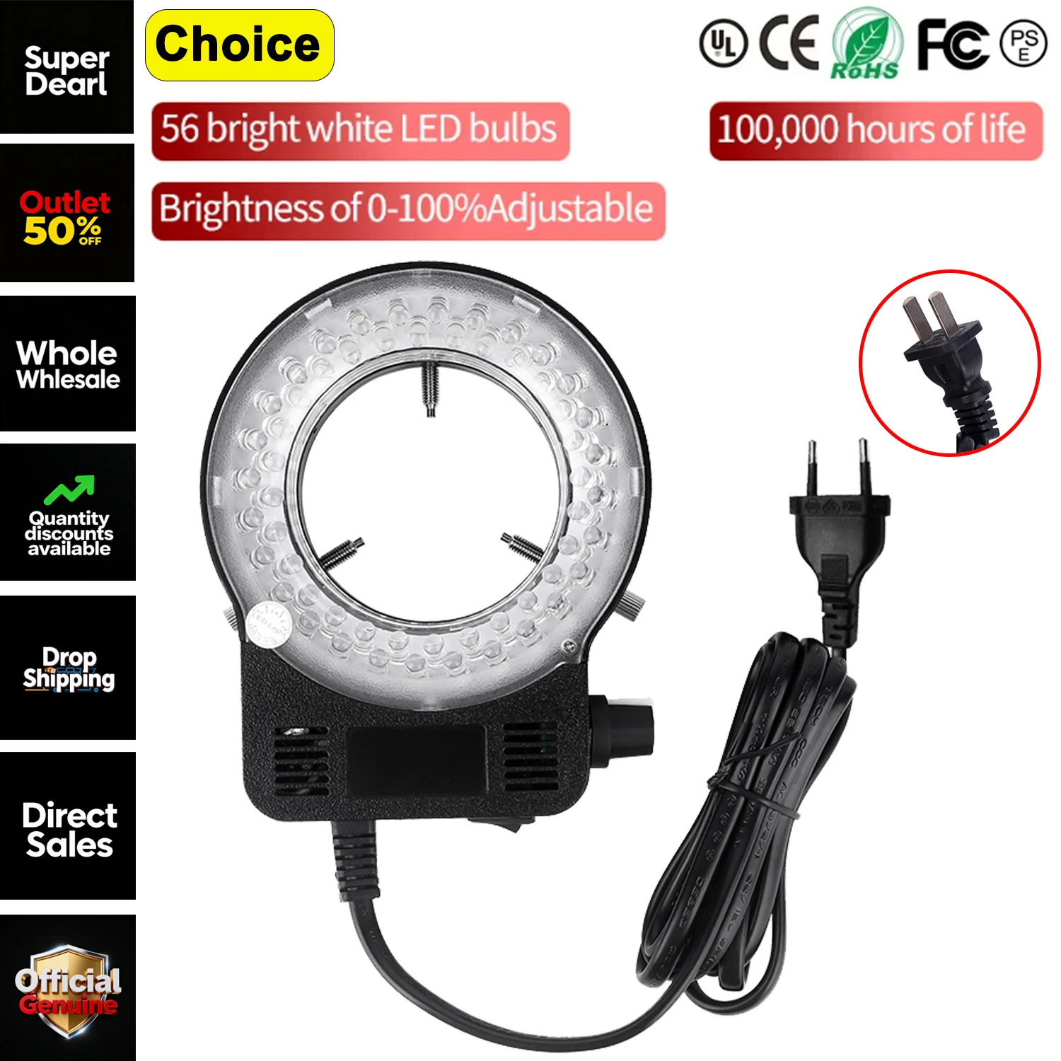 Source de lumière annulaire LED pour microscope industriel, lampe d'éclairage, document, température de 6500K, luminosité réglable