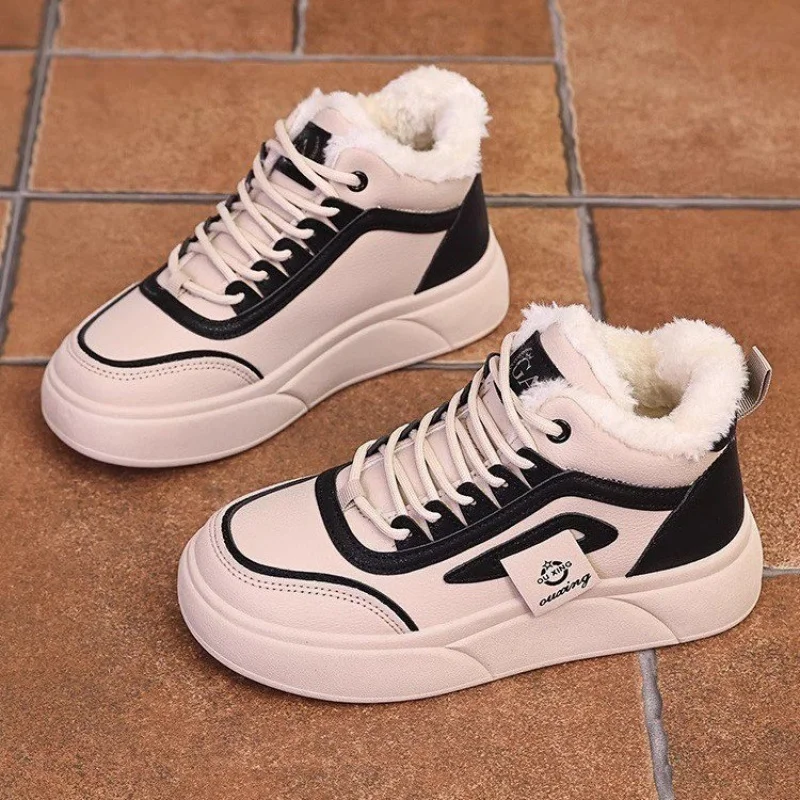 Winter Thick-Soled Snow Boots with Fleece Lining Knitted Patchwork Lace-Up Height-Increasing Short Boots Versatile Women's Boots