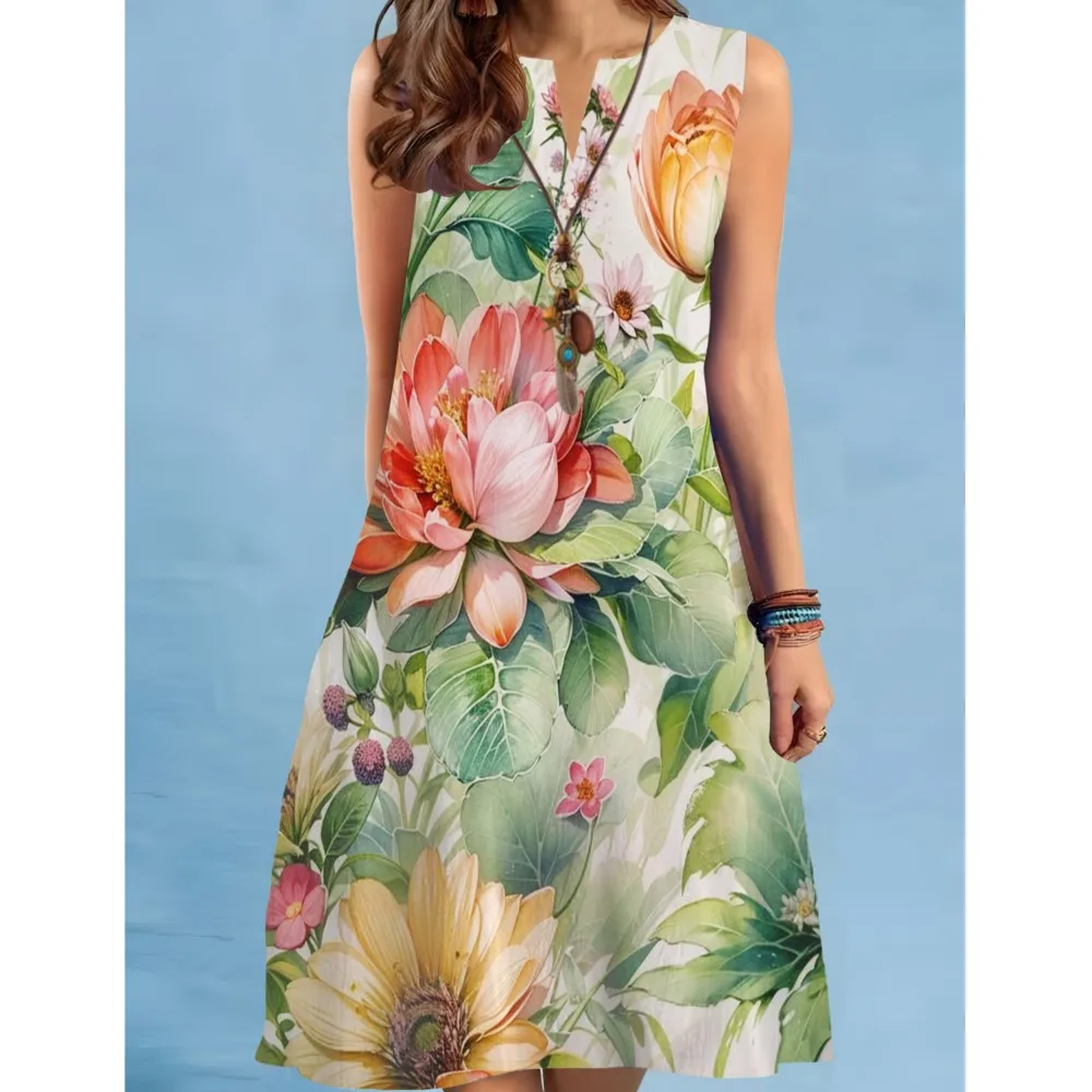 유행 꽃 미니 드레스 2025 여성 v 넥 민소매 섹시한 프린트 a 라인 드레스 보헤미아 비치웨어 Платья Roupas Feminina