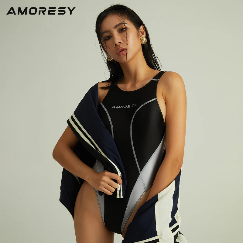 AMORESY Women Sexy Oil Hot Spring Sunscreen One Piece Swimwear High Cut Patchwork Leotards Backless Surfing Competitive Swimsuit view 5