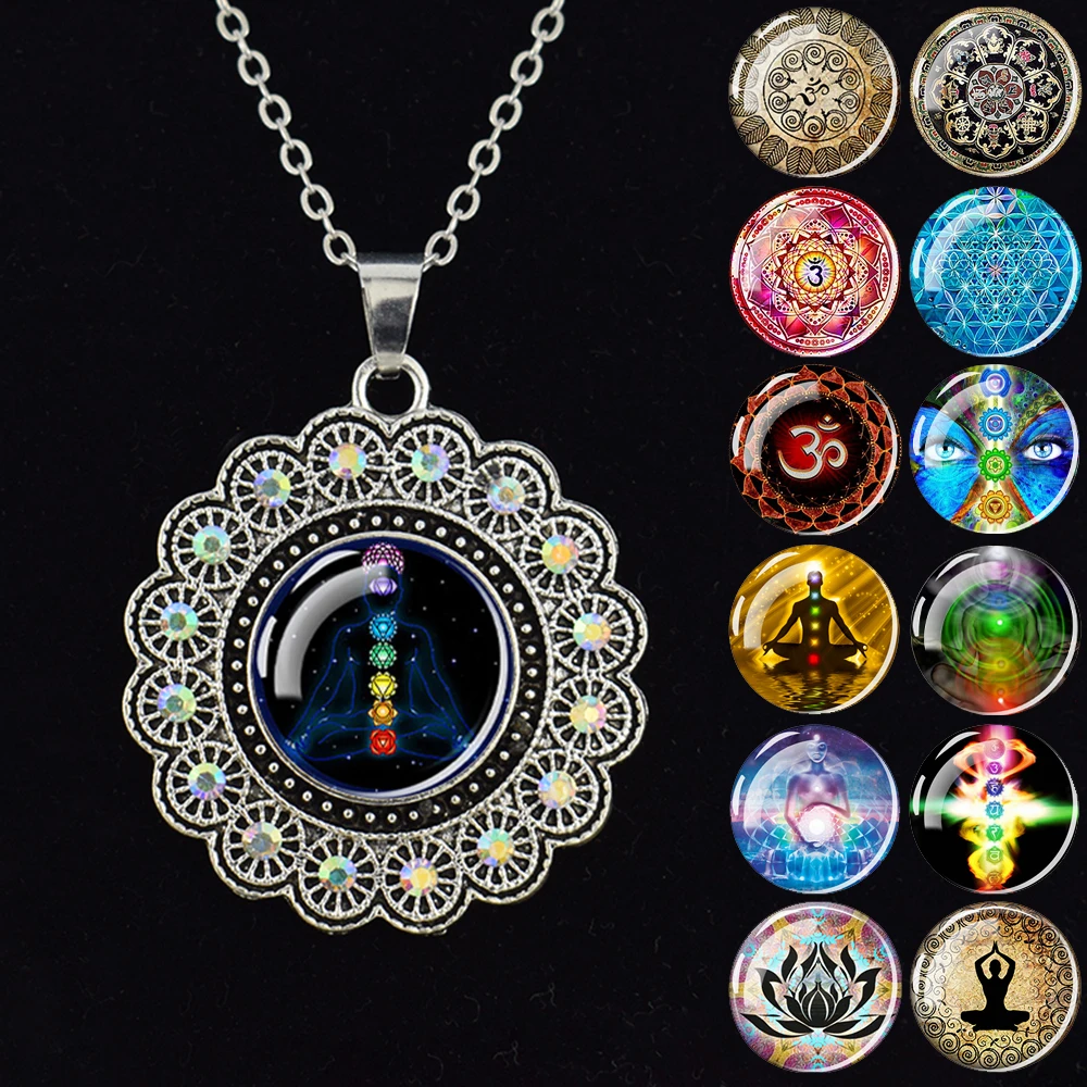 7 Chakra Pendant Datura Flower Rhinestone Pendants Buddha Necklace Sri Yantra Mandala Lotus Om Symbol Yoga Buddhism Jewelry Gift