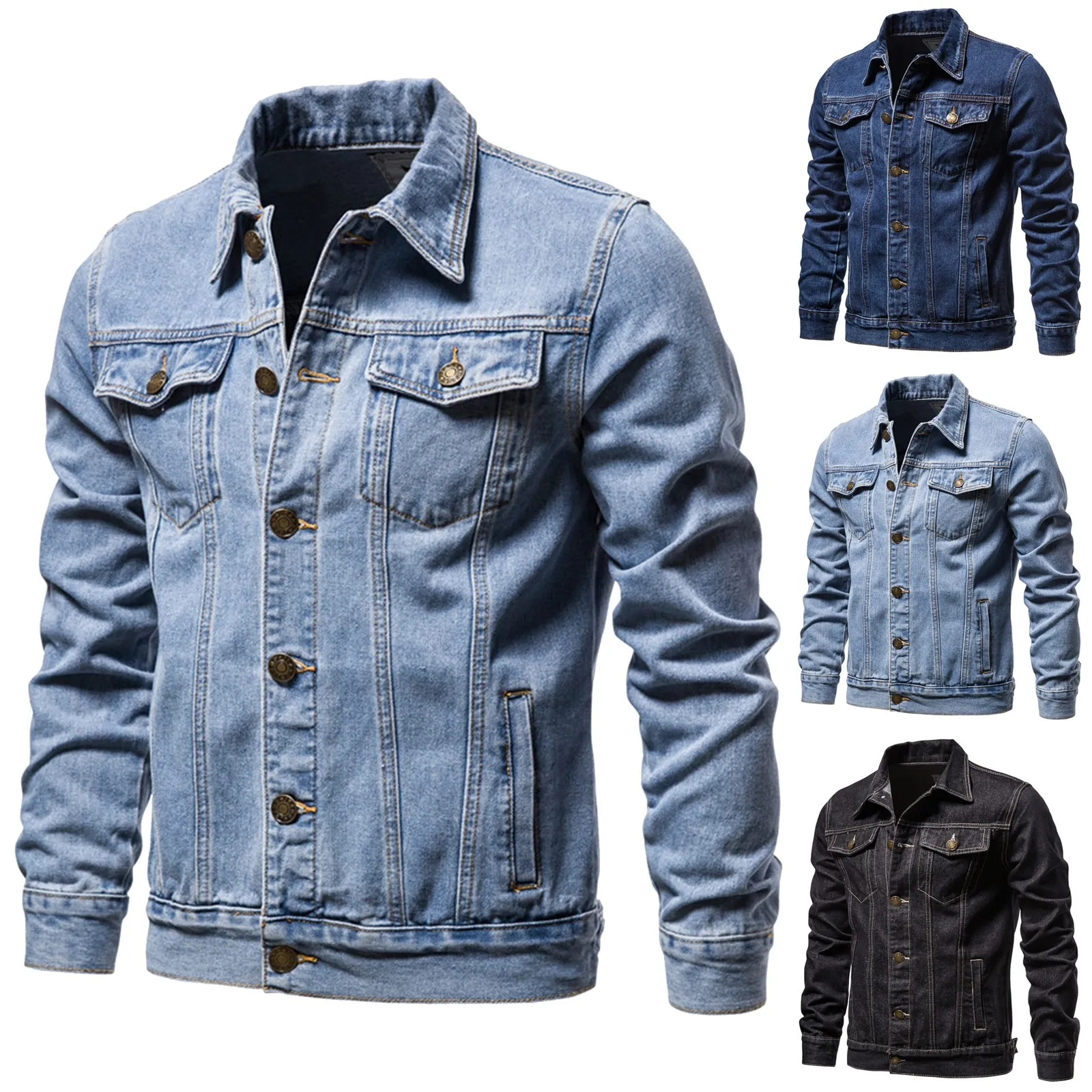 Classic Denim Jacket Men's Vintage Buttons Spring Autumn Skinny Work Jackets Stand Collar Long Sleeves Streetwear Cowboy Tops