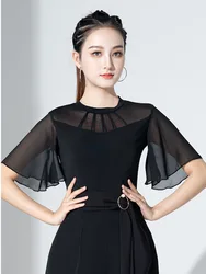 Mesh Slim Fit Solid Color Modern Tops Elegant Puff Sleeve Women Latin Dance Line Suit Ballroom American Clothes Girl New