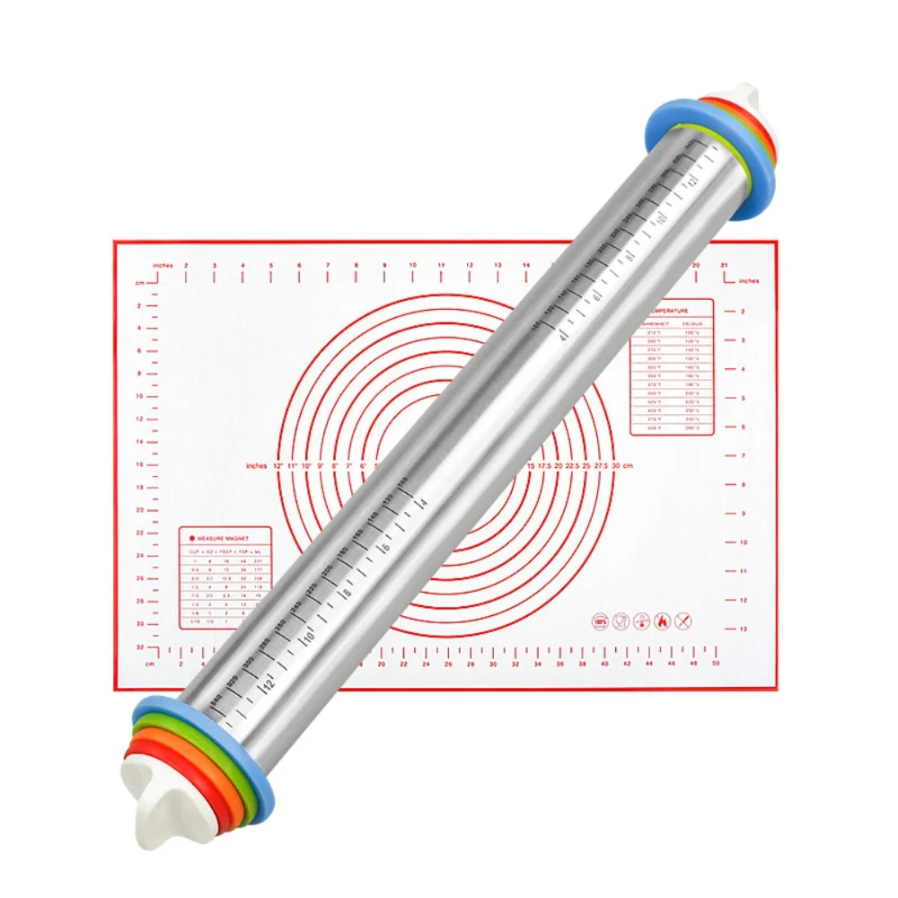 

Removable Rings Stainless Steel Rolling Pin Adjustable Non-Stick Dough Roller Thickness Smooth Surface Silicone Kneading Mat