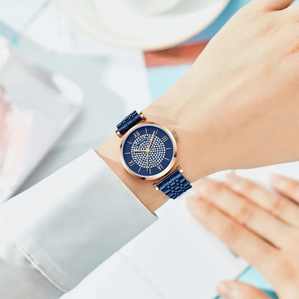 MINI FOCUS-Montre-bracelet à quartz étanche pour femme, montres bleues pour femme, biscuits, entièrement diamant, horloge de marque, 0334L