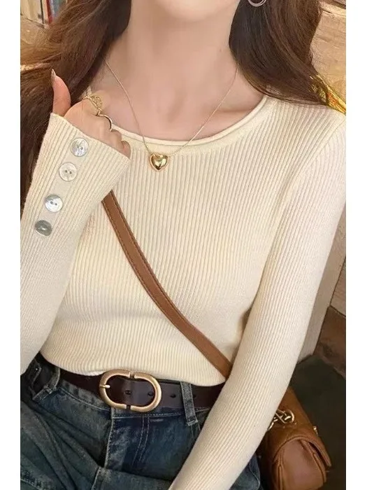 

Spring New Style Women's round Neck Knitted Sweater Long Sleeve Base Shirt Soft Cotton Fluffy Inner Wear Casual Fashion