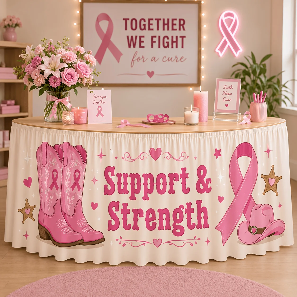 1tablecloth table skirt, support reinforcement, breast cancer awareness promotion, western style table skirt, pink cowboy boots.