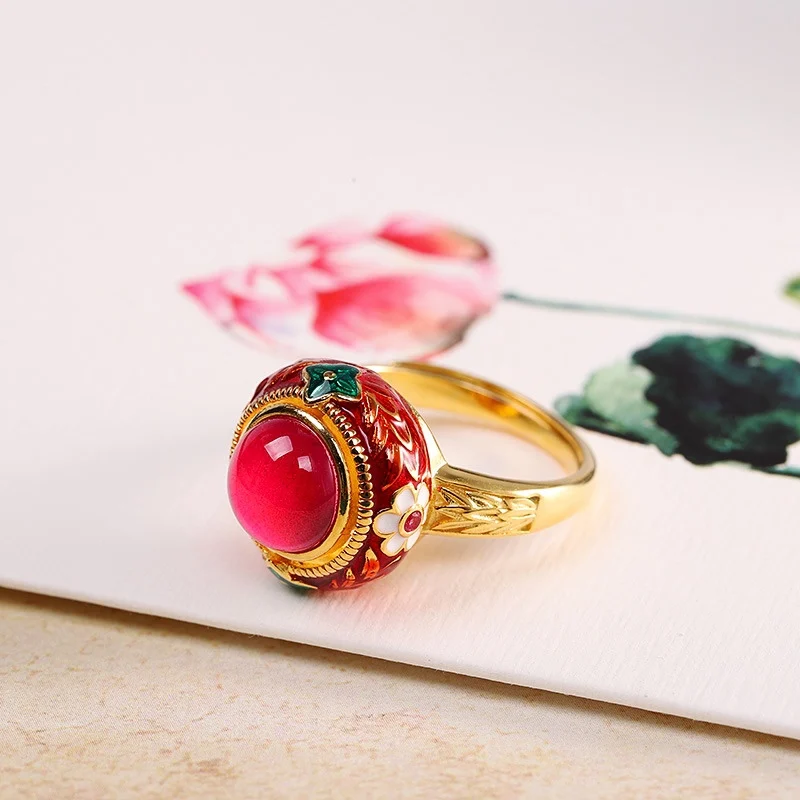 Palace Style Ancient Gold Crafts Vintage Enamel Colored Floral Flower Natural Carnelian Jewelry Sets Ring Earrings for Women