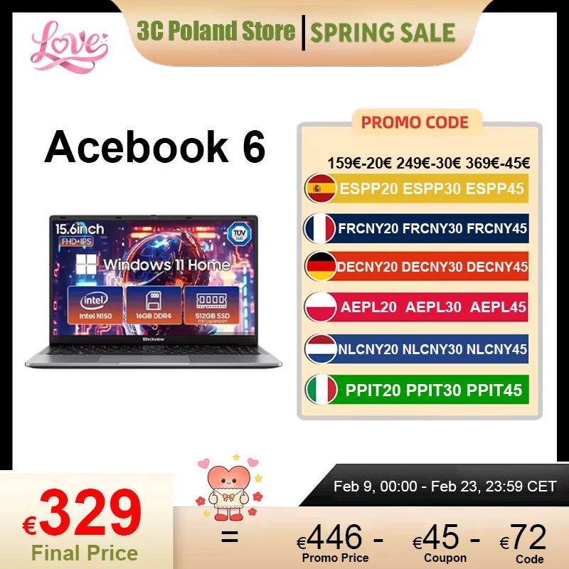 Blackview Laptop AceBook 615,6" FHD IPS Intel Twin Lake N150 16GB RAM 512GB SSD + uitbreiding tot 1TB Windows 11 Home Notebook