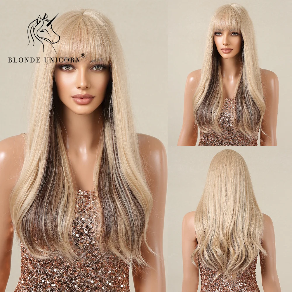 Blonde Unicorn Synthetic Wig Balayage Brown Blonde Long Wavy Wigs with Bangs Cosplay Party Use Heat Resistant Fiber for Women