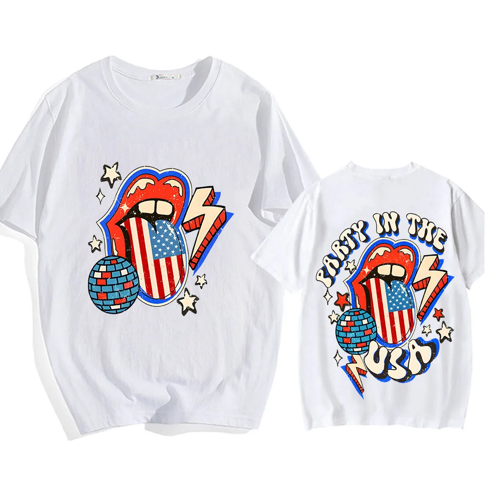 Vermilion Lips T-shirt Party in The USA Double-sided Printing O-neck Tshirt Short Sleeve Cotton Casual Tees Sudaderas Soft Tops