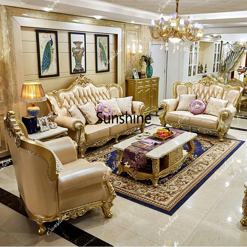 

European sofa combination carved solid wood villa large living room villa furniture