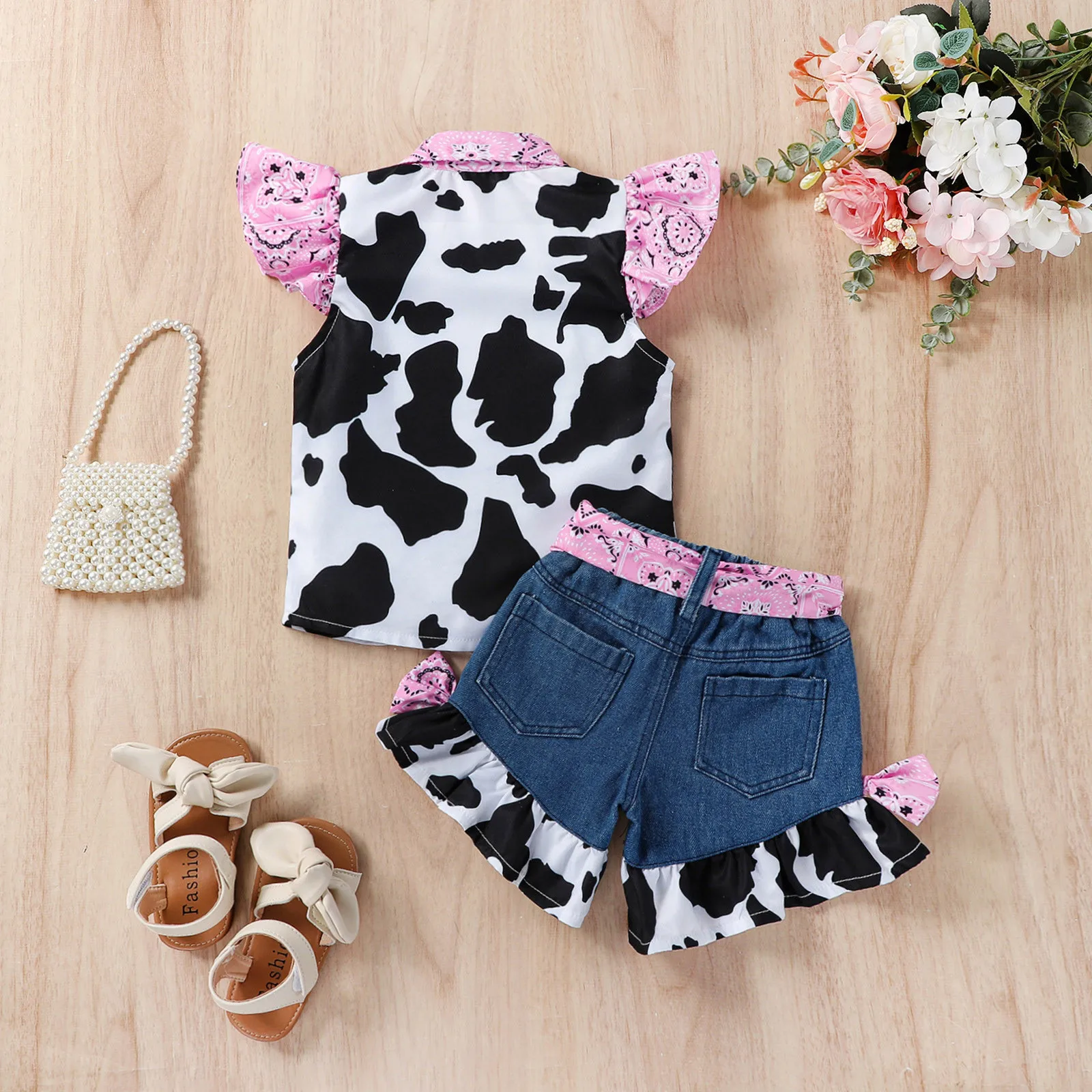 Toddler Girls Clothing Fly Sleeve Cow Prints Tops Bowknot Denim Shorts Two Piece OutfitsFor Kids Baby Clothes 1 2 3 4 5 6 Years