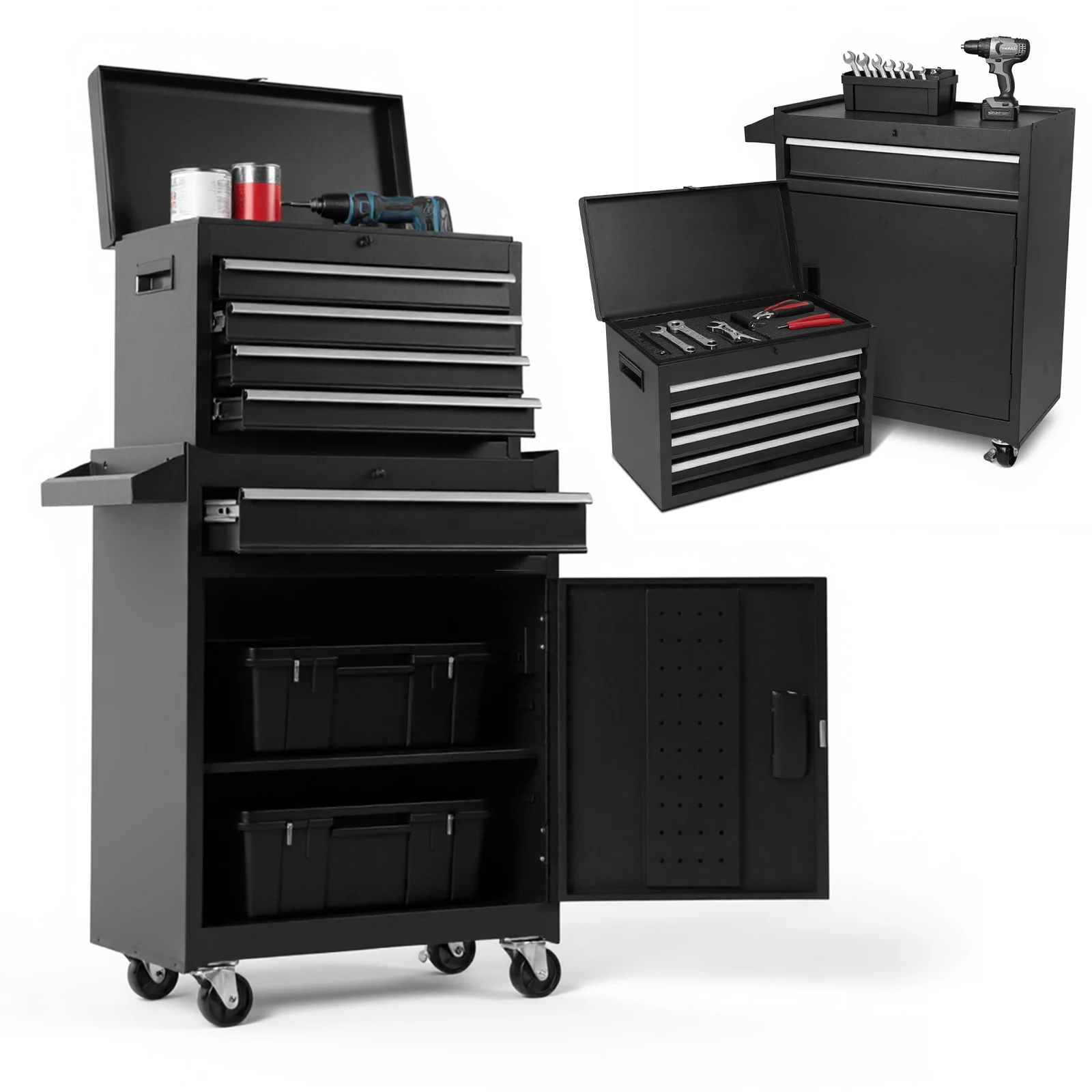 Caja de herramientas desmontable grande con puertas dobles y ruedas, cajones deslizantes, cofre de herramientas, gabinetes de almacenamiento de piezas para uso en almacén de fábrica