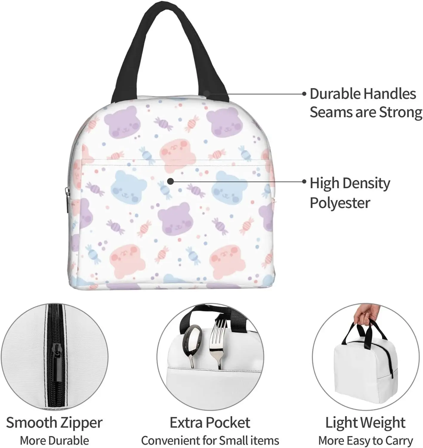 Colorful Bears And Dots Lunch Bag Travel Box Work Bento Cooler Reusable Tote Picnic Boxes Insulated Container Shopping Bags For