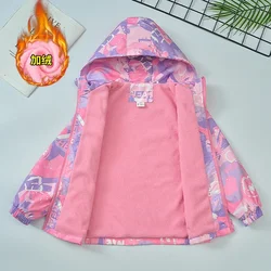 Spring Autumn Waterproof Children Hooded Cartoon Girls Jacket Warm Fleece Lined Zip Outwear School Kids Boys Outfit Top XMP99