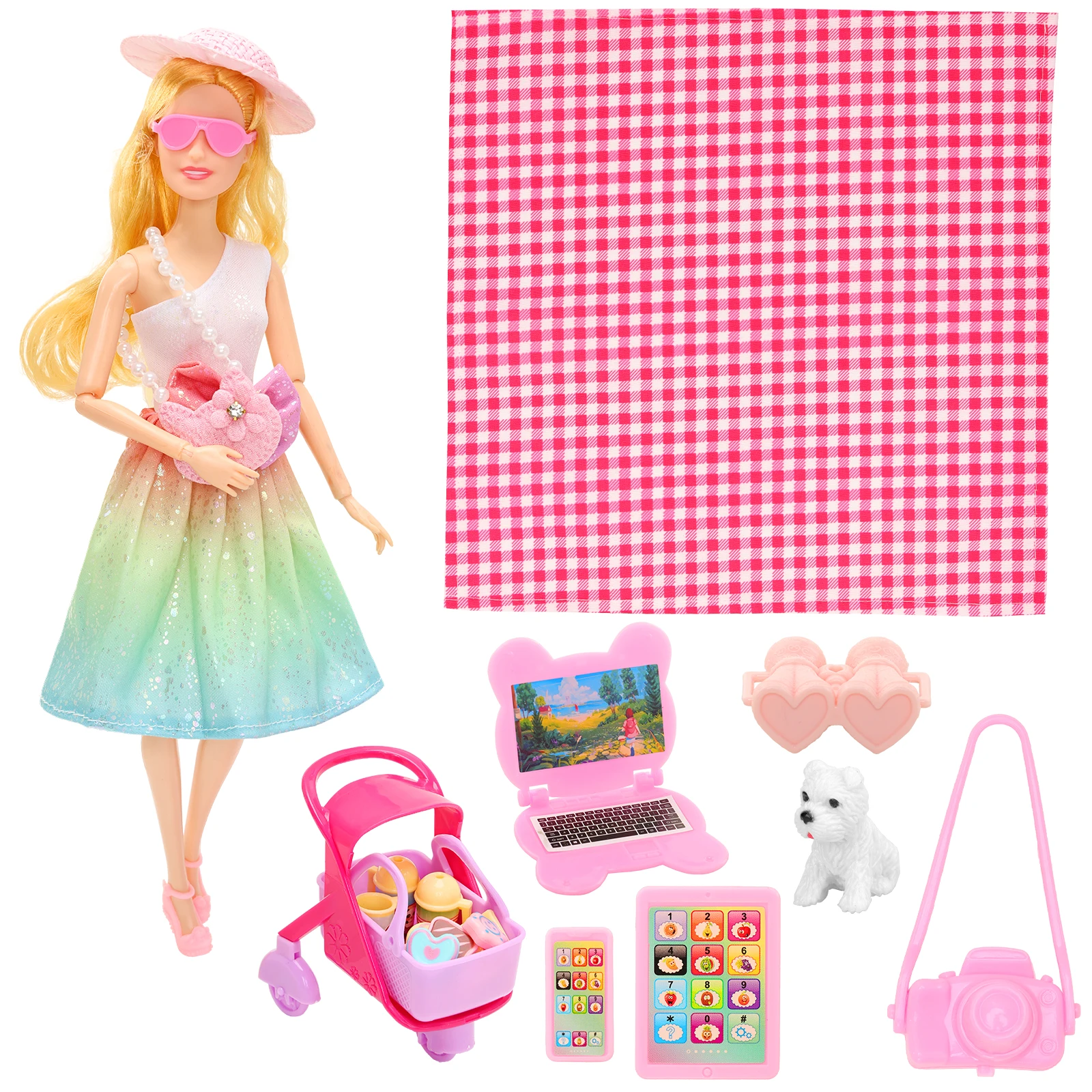 Barwa 29 Pcs Doll Clothes and Accessories 1 Fashion Dress 1 Picnic Mat, 16 Pcs food, 3 Pcs Computer set 1 Telescope 1 Mini Cart