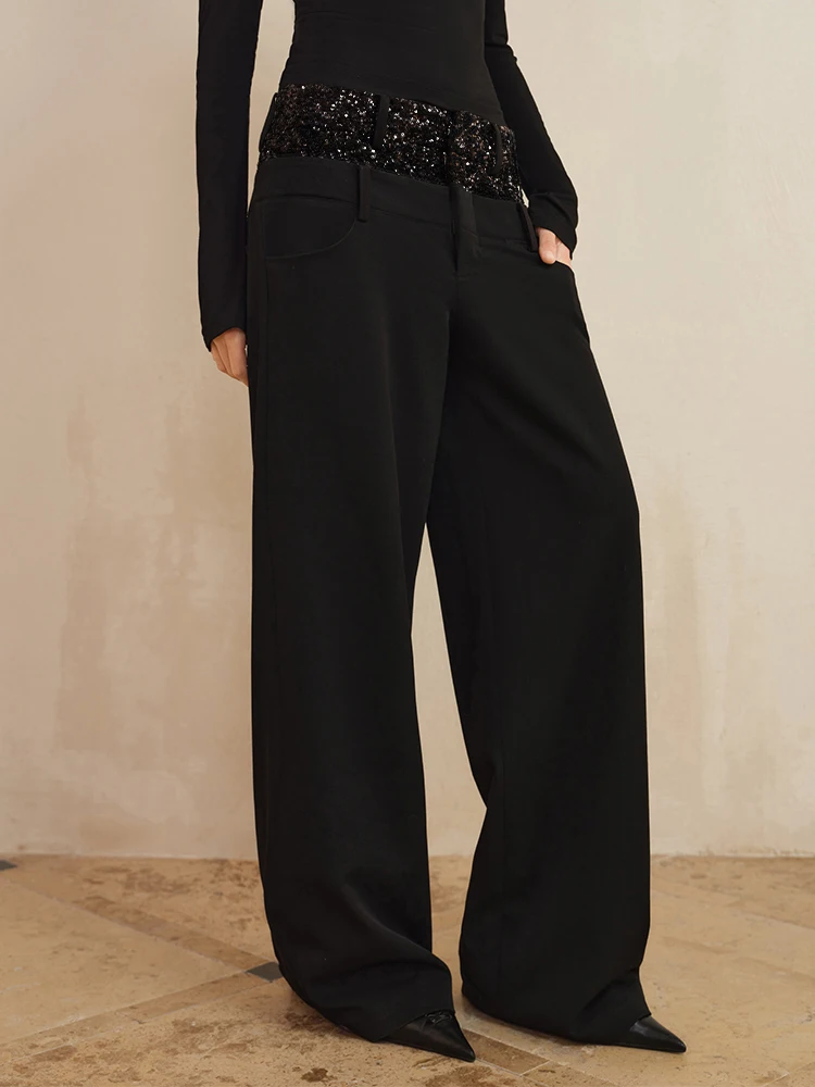 

Широкие брюки в стиле пэчворк с блестками, двойная талия, прямой крой, официальные брюки iny с блестками, длинные брюки со средней талией