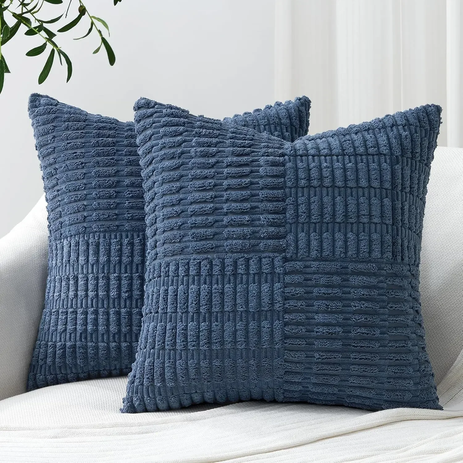 

Blue Throw Pillow Covers 18x18 Inch Soft Corduroy Pillow Cover Boho Textured Striped Patchwork Cushion Case for Couch Sofa Bed