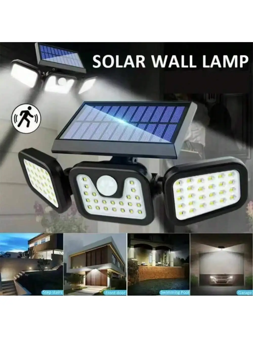 2025 Luces de seguridad solares mejoradas para exteriores 270 ° Luz de inundación con sensor de movimiento impermeable IP65 ajustable de 3 cabezales con detección humana para