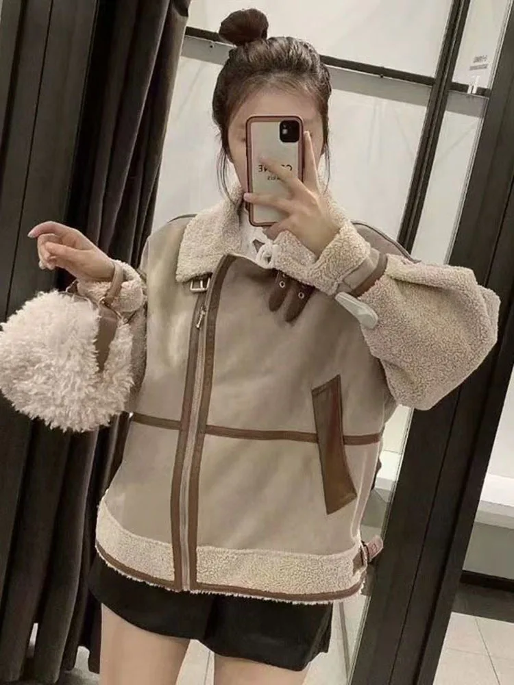 شتاء جديد فضفاض الجلد المدبوغ طوق المرقعة صوف مبطن سميكة براون معطف من قماش الكشمير سترة نسائية كم كامل ألياف البوليستر