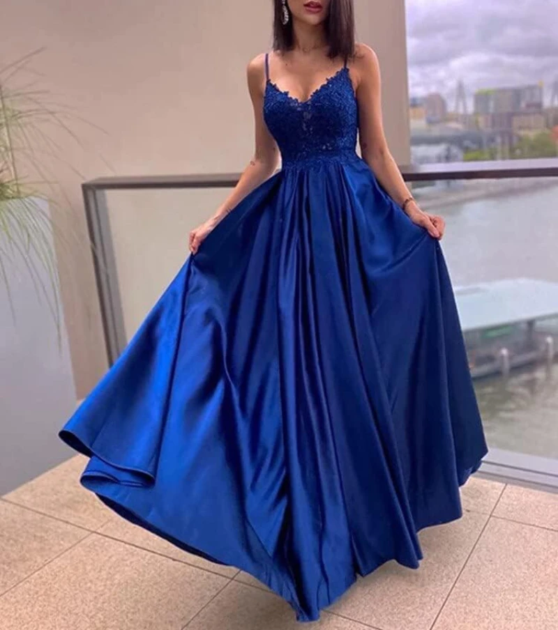 Customized High End Satin V Neck Sleeveless Prom Dress Exquisite Hollow Out Flower Appliques Dresses A Line Spaghetti Straps Eve