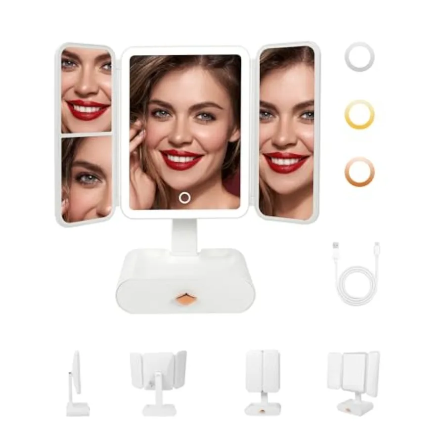 A lamp-Equipped Makeup Mirror, with 1x/3x/5x Magnifying Glass, Three-fold Travel Mirror, Capable of Emitting Three-Color Light
