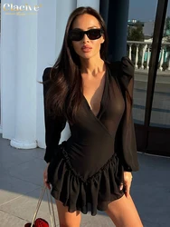 Clacive Sexy Slim Black Women's Dress 2025 Bodycon V-Neck Long Sleeve Mini Dresses Elegant Classic Pleated Dress Female Clothing