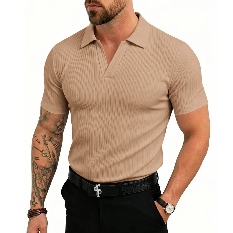 Herren 1-teiliges Gestricktes V-Ausschnitt Kurzarm Slim-Fit Atmungsaktives Eisseide Schnelltrocknendes Golf Business Casual Poloshirt – Detail 8