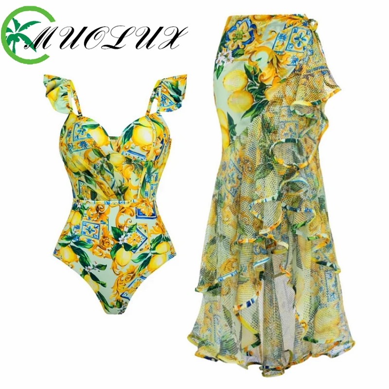 MUOLUX 2024 V-neck One-piece Women's Swimsuit with Ruffled Mesh Lemon Print Swimwear Set Bikini Swimsuit Female Beach Split Set