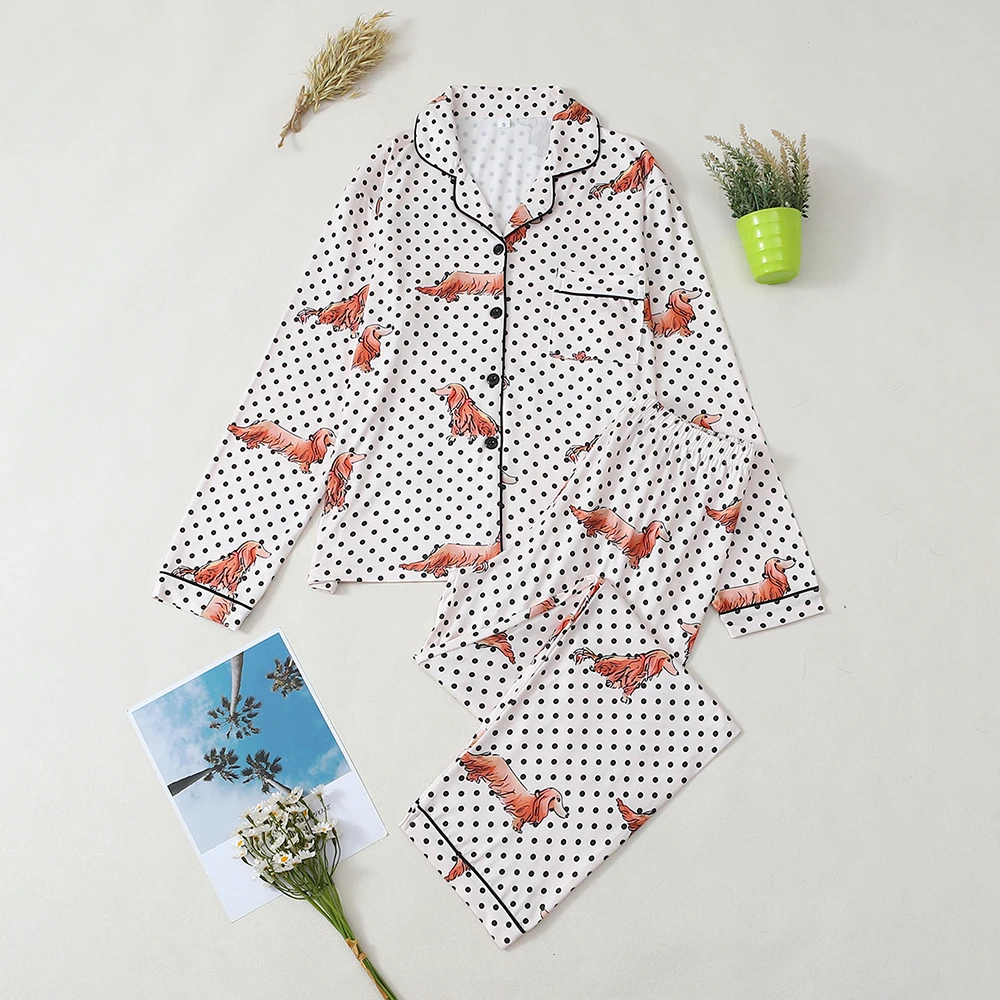 

2 шт., простая домашняя одежда в горошек для пожилых людей, милый мультяшный принт собаки, женская повседневная свободная одежда для отдыха, комплект с длинными рукавами и длинными брюками