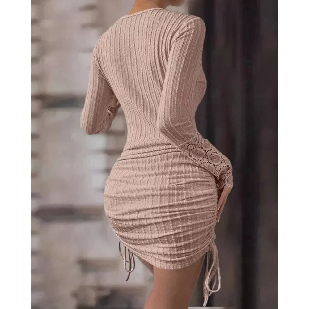 Spring Women Contrast Lace Sleeve Ribbed Drawstring Dress Female Buttoned Design Midi Elegant New in Dresses Korean Style