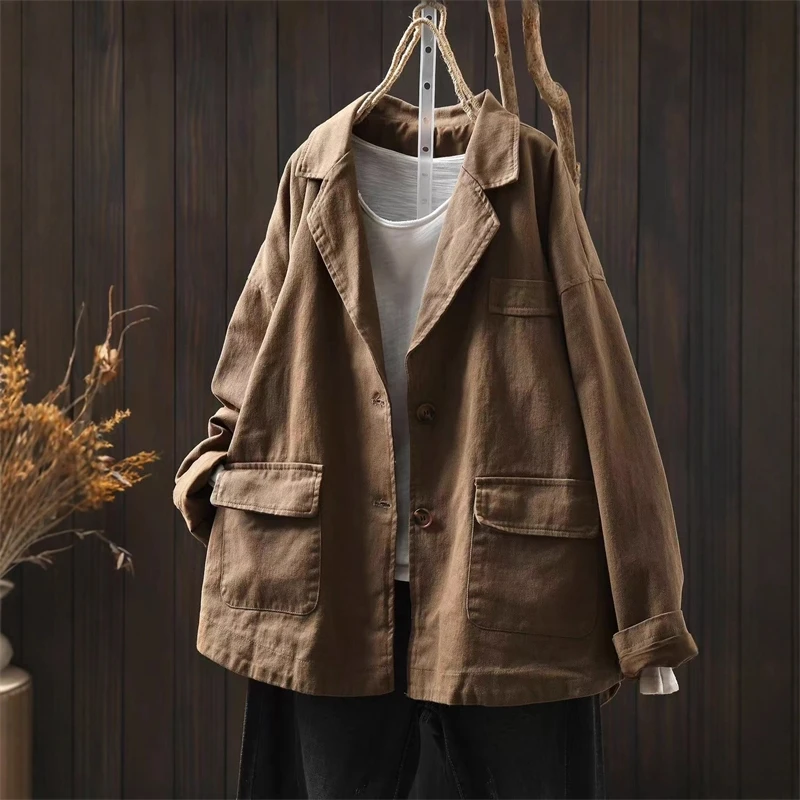 

Women Vintage Cotton Jackets Solid Color Turn-down Collar Coats 2025 Autumn New Button Pockets Loose Female Jackets