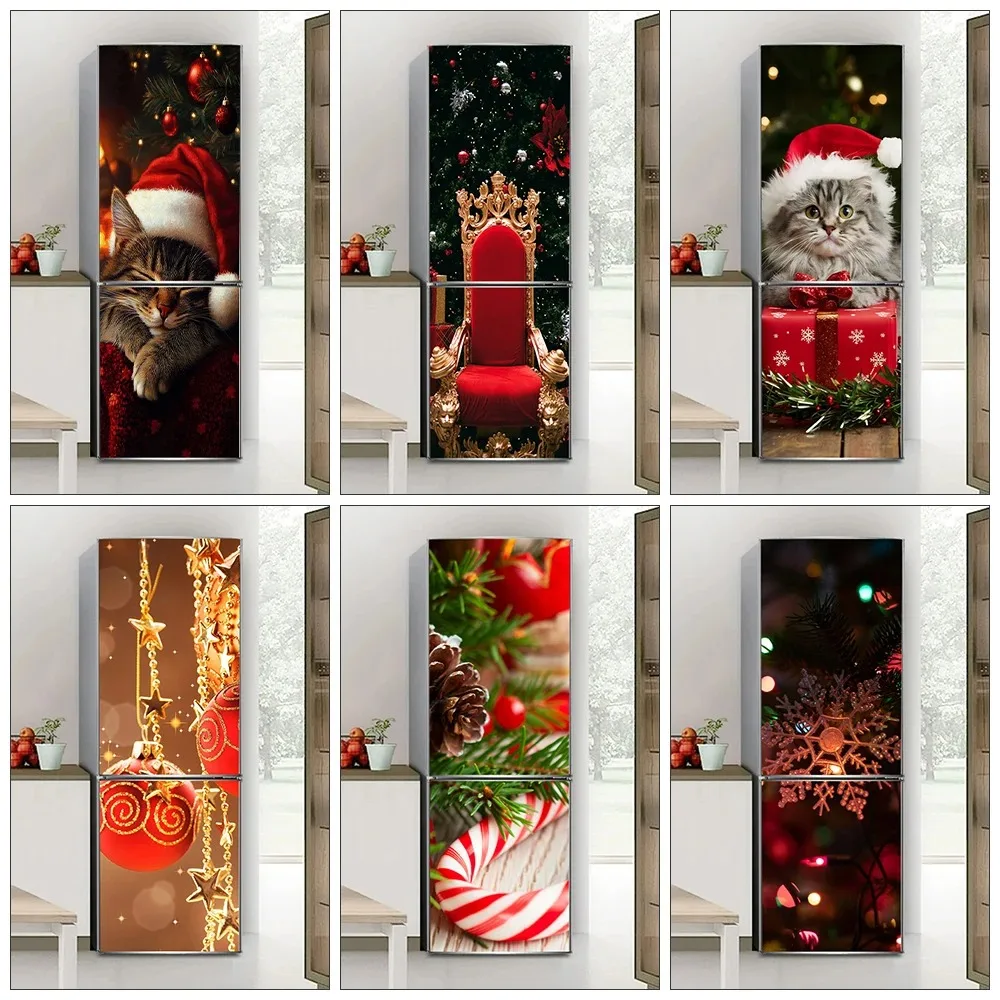 

Creative Cute Kitten Wearing Christmas Hat Fridge Door Sticker Xmas Candy Cat Wall Mural Refrigerator Wrap Cover Kitchen Decor