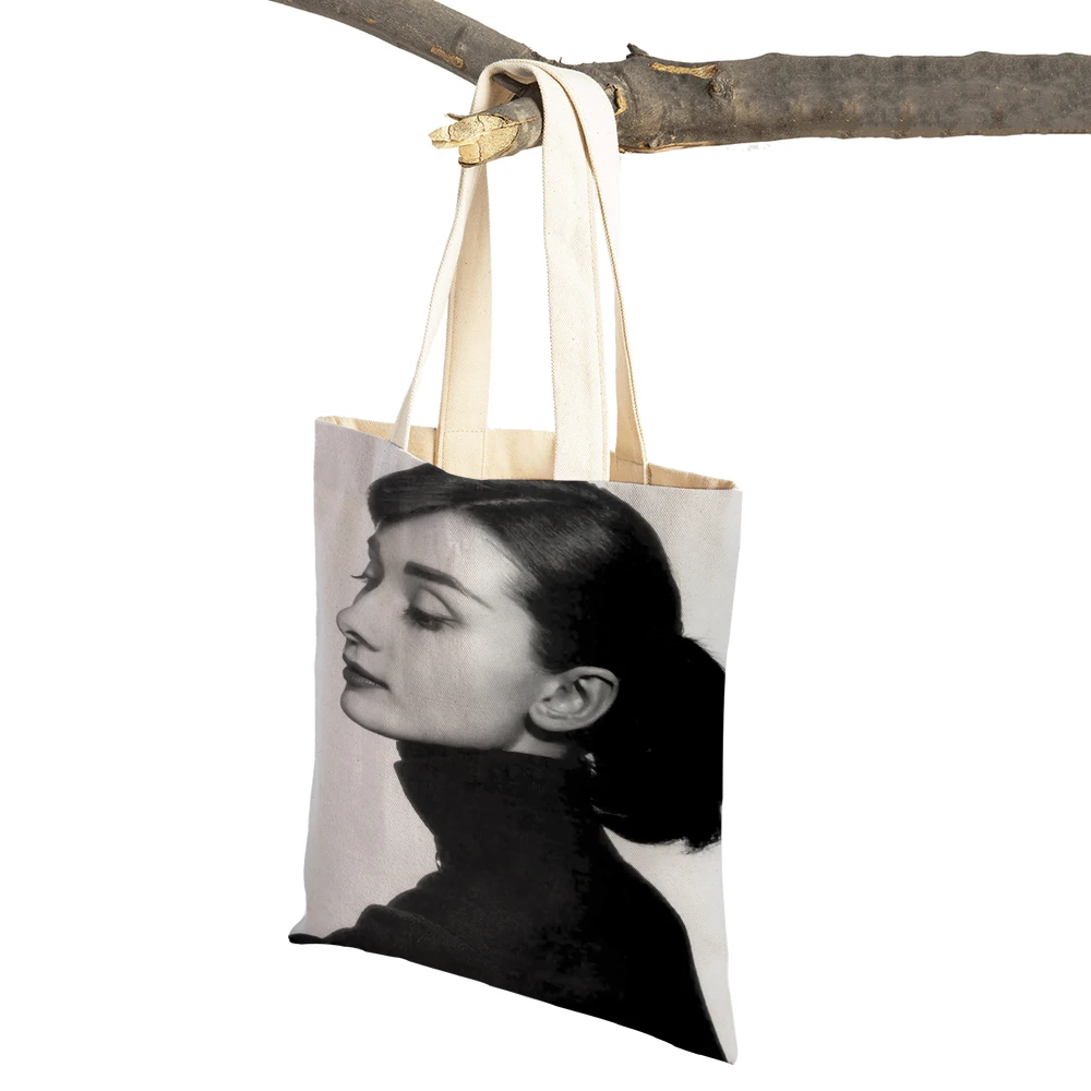 Elegant Audrey Hepburn Celebrity Retro Women Shopper Bags Casual Canvas Lady Shopping Bag Supermarket Travel Tote Handbag