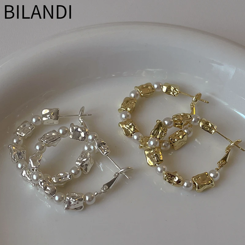 Bilandi Fashion Jewelry Popular Style Simulated Pearl Geometric Bead Hoop Earrings For Women Female Party Wedding Gift