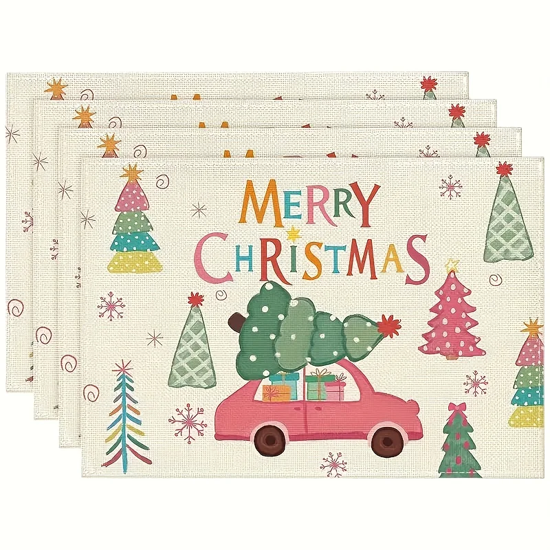 4/6/8pc Bow Gift Candy Cane Pattern Linen Placemats Playful Holiday Kitchen Dining Table Decor Perfect For Festive Celebrations