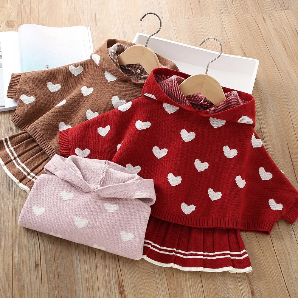 2025 Spring Autumn Toddler Girls 2PCS Clothes Set Heart Embroidery Hooded Kid Girls Cloak Contrast Pleated 1-5Y Girls Skirt Suit