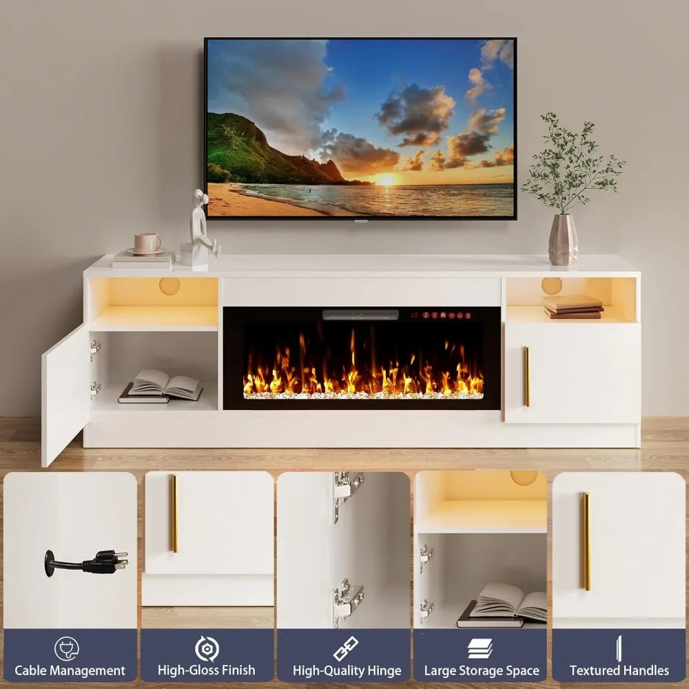 70 حامل تلفزيون مدفأة كهربائية بيضاء حديثة مع مركز ترفيه LED لغرفة المعيشة