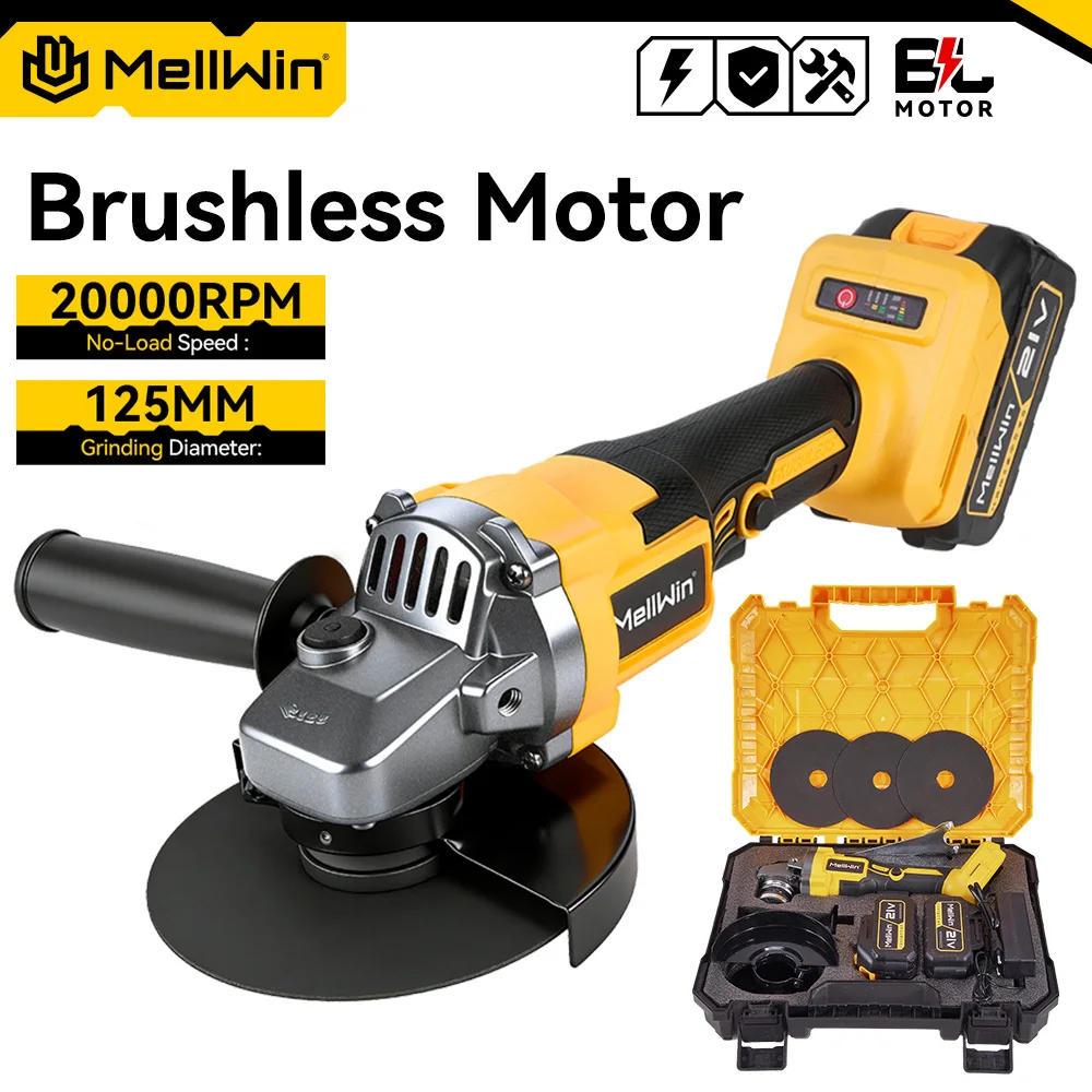 MELLWIN 125MM Bürstenloser Elektrischer Winkelschleifer 3-Gang M14 Schneid- und Poliermaschine Holzbearbeitungswerkzeug für Makita 18V Akku