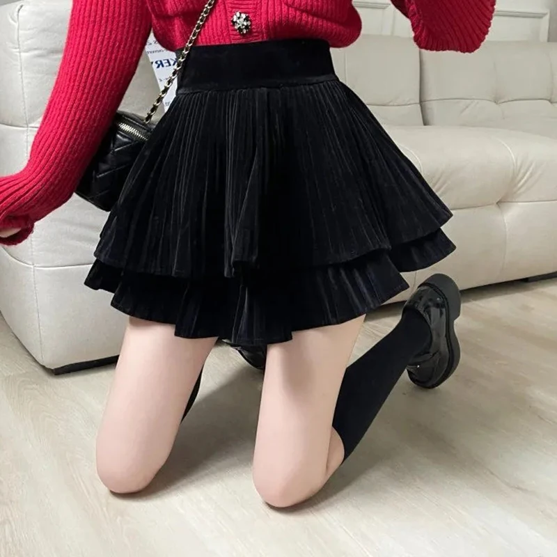 Fashionable Sweet Velvet High Waist Black Cake A-Line Skirt For Women